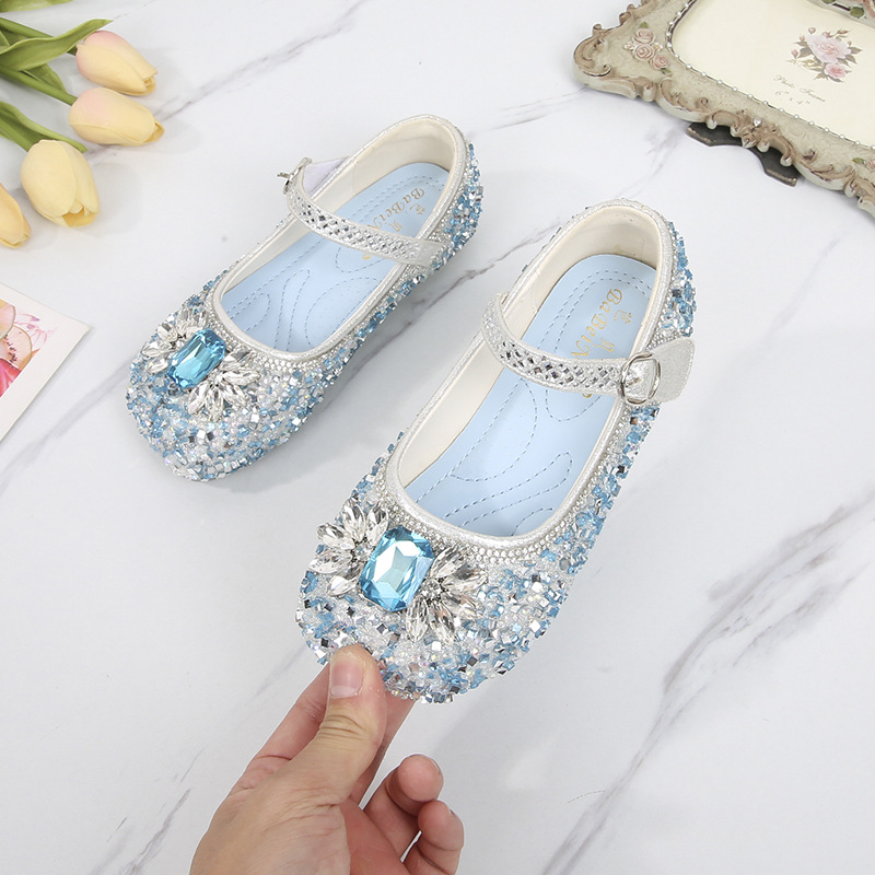 Girls' Crystal Leather Shoes 2026 New Korean Style Rhinestone Fashion Elsa Princess Children's Performance Shoes for Little Girls