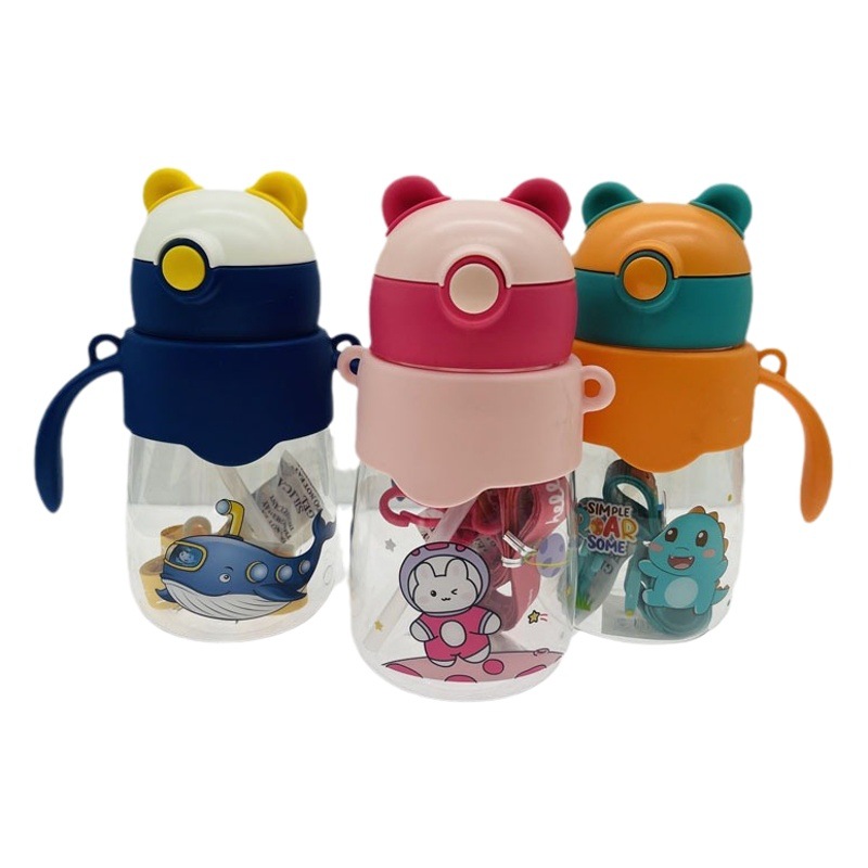 Weilong 9011 nuevos niños de plástico taza elástica cubierta de la correa Orejas de conejo de paja taza de plástico mango taza de beber al por mayor