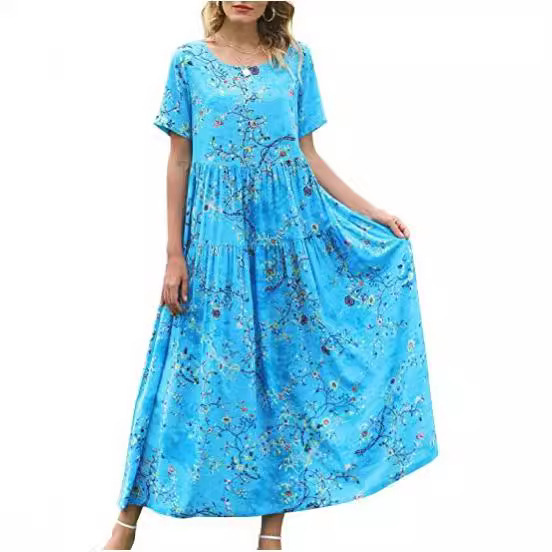 2024 Women's Coat Casual Loose Bohemian Floral Dress Short Sleeve Long Summer Beach Dress