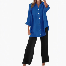 2025亚马逊新款跨境女士纽扣休闲宽松衬衫套装