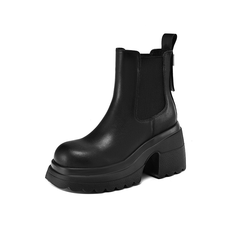 Boot Chelsea nữ da thật đế dày platform gót cao 9 cm mùa thu đông 2025 — Lớp lót đơn màu be, Lớp lót nhung đen, Lớp lót nhung màu be, Lớp lót đơn màu đen