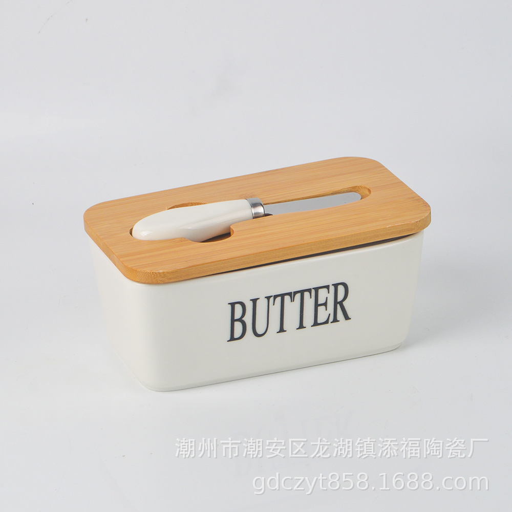 Caja de mantequilla de cerámica de explosión transfronteriza caja de queso doméstica de gran capacidad tazón de mantequilla con cuchillo cubierta de madera de bambú