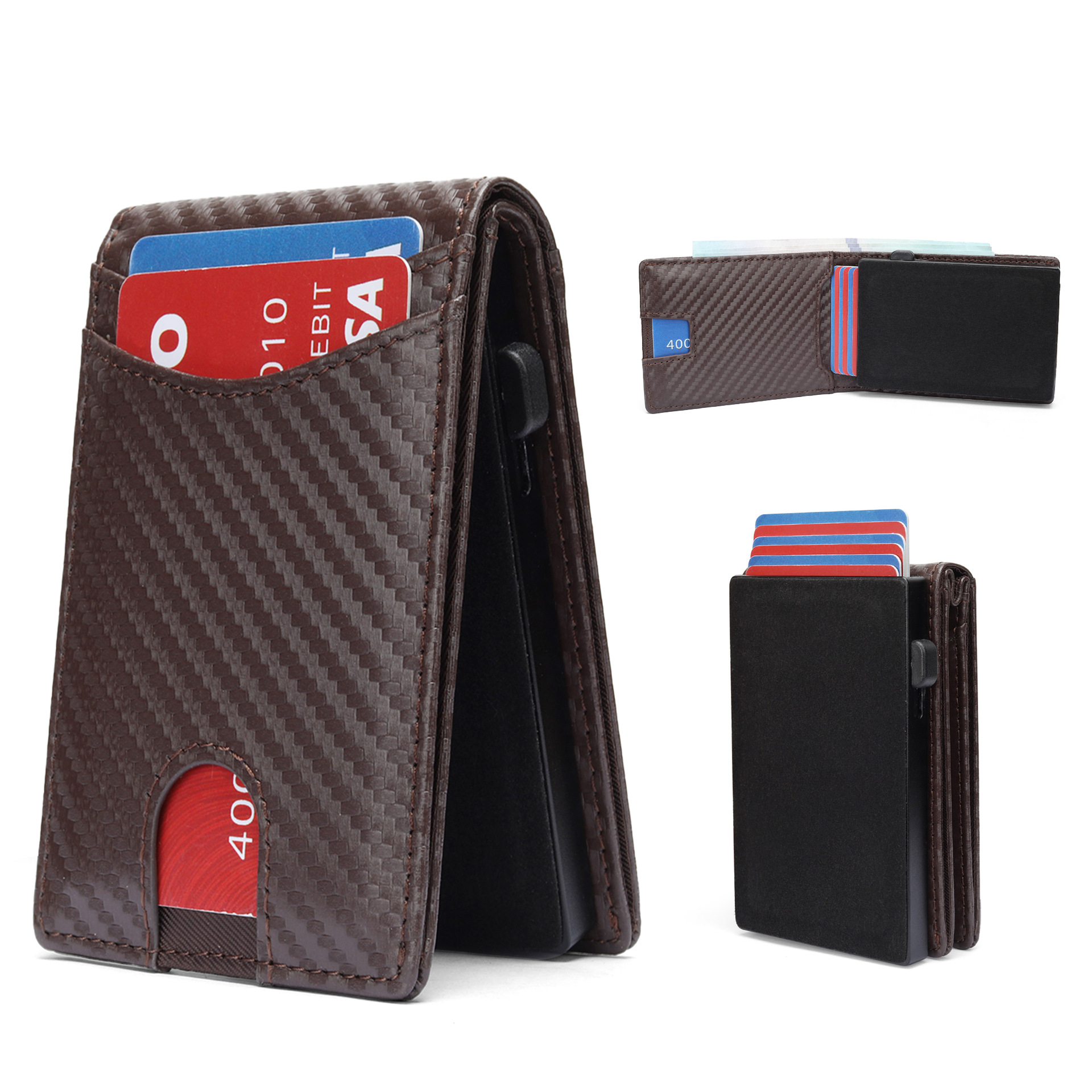 Cartera abatible de fibra de carbono de comercio exterior Cartera de metal con cepillo antirrobo para hombre Cartera de cuero ultrafina de doble pliegue con múltiples posiciones para tarjetas