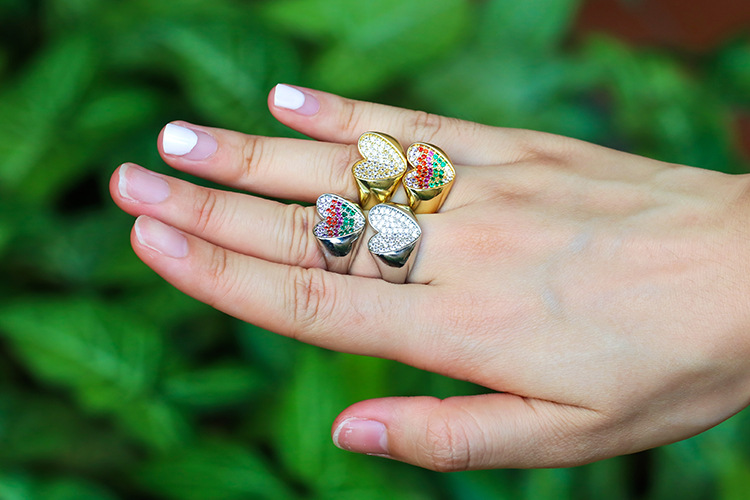 Unisex Gender European And American Retro Colorful Crystals Ring Peach Heart Heart-shaped Open Adjustable Wide Thick Ring European And American Style Jewelry For Men
