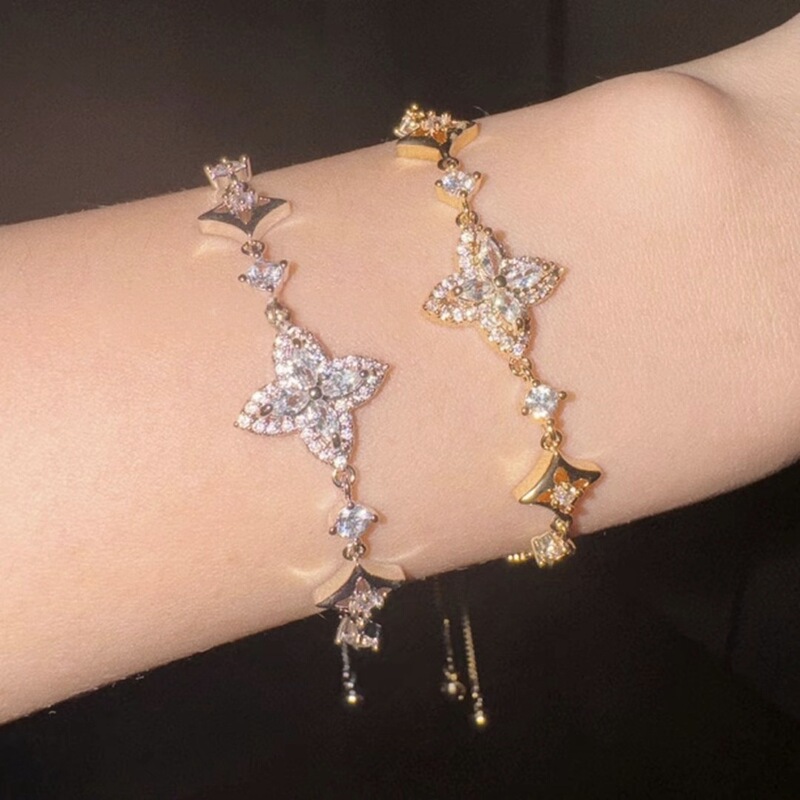 Tiktok's Most Popular Electroplated Real Gold Bracelet with Iris Flower Full Diamond Zircon Copper Gold Style Full Zirconia Adjustable Slider Tiktok's Most Popular Electroplated Real Gold Bracelet with Iris Flower Full Diamond Zircon Copper Gold Style Full Zirconia Adjustable Slider