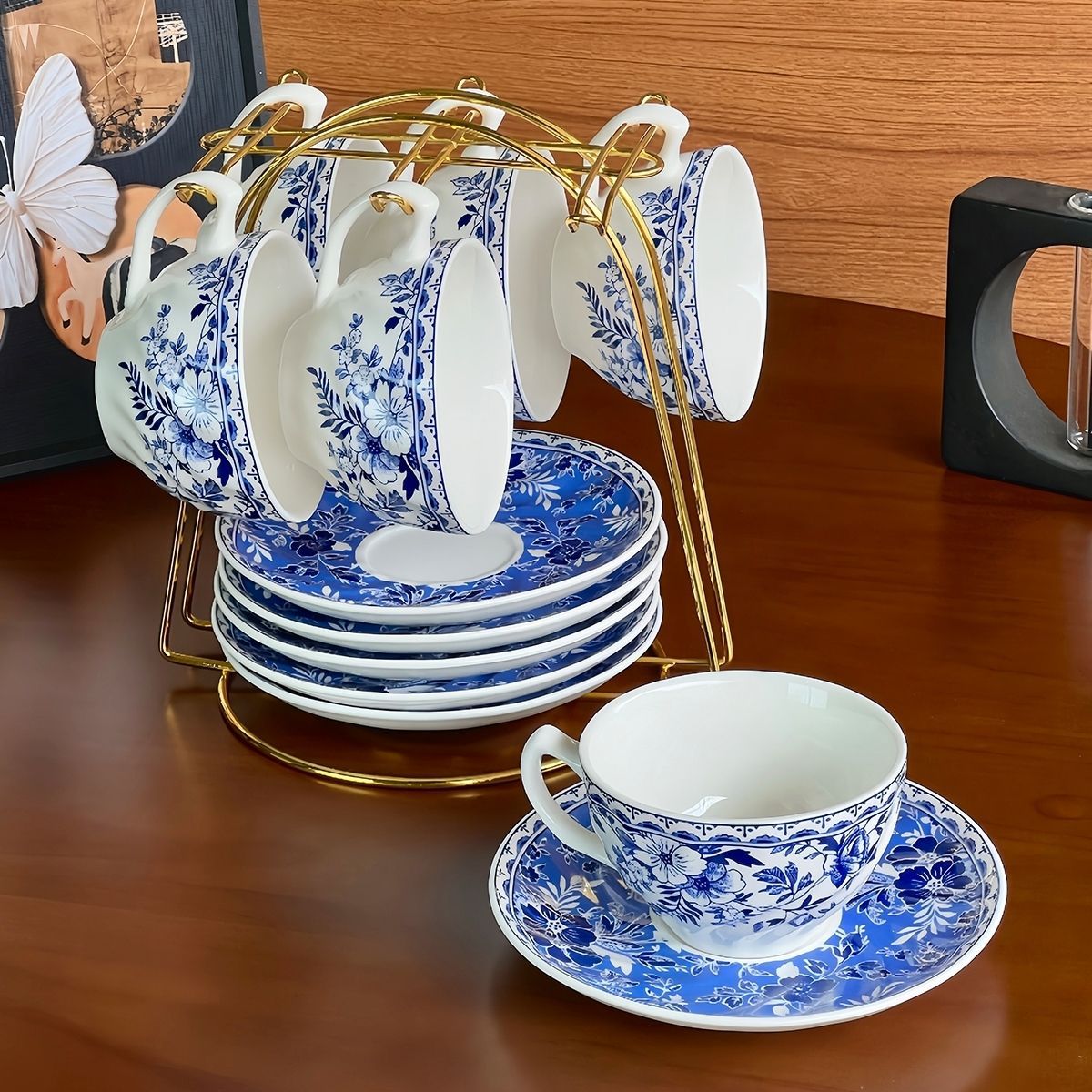 Conjunto de tazas y platos de café de porcelana azul, set de tazas y platos de café de cerámica, set de tazas y platos de café de la tarde, M cucharada de tazas y platos de desayuno