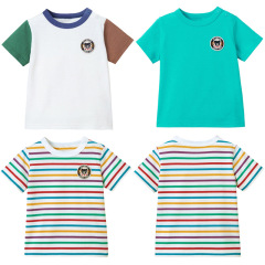 miki children's clothing summer new style boys and girls cartoon db black bear badge color matching striped short-sleeved t-shirt on behalf of
