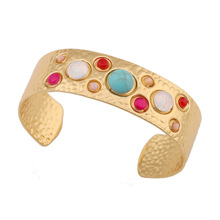 跨境热销法式复古中古不锈钢手镯彩色亚克力小众设计镶嵌开口手镯