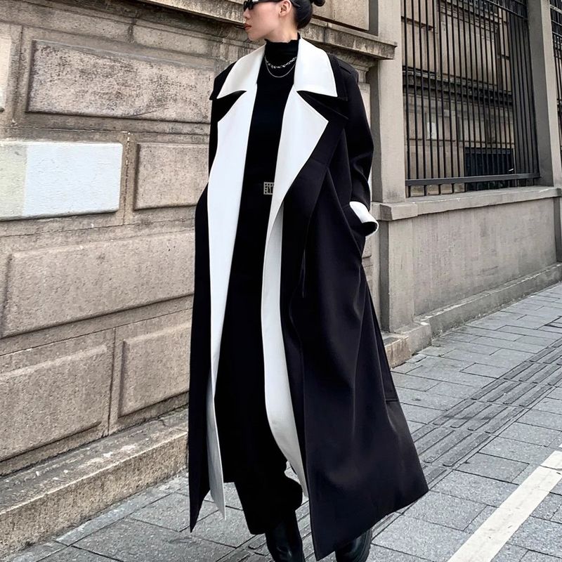 女士新款撞色领假两件设计风衣女款新款秋季长款宽松显瘦大衣外|undefined
