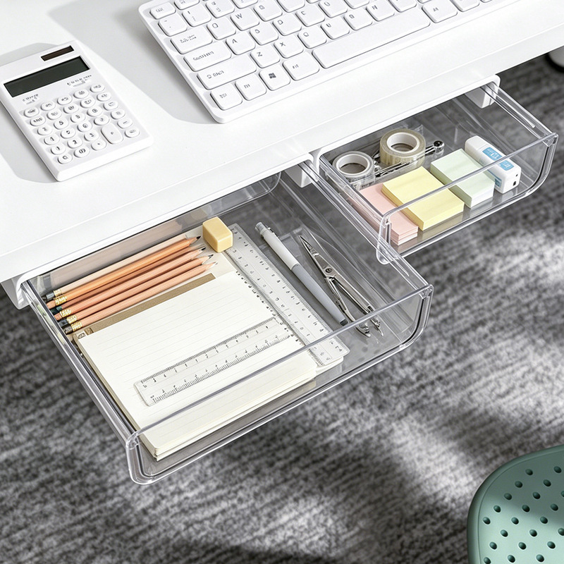 Invisible Drawer-Style Storage Box under the Desk, a Hidden Organizer for Office Desk Station, Stationery, Dormitory, and Under-Desk Storage Rack
