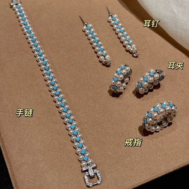 Blue Pine Color Woven Double-Row Sparkling Diamond Swarovski Pearl Bracelet Niche Luxury Double-Layer Pearl Elastic Bracelet Set for Women