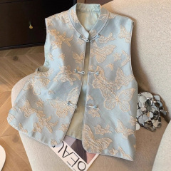 青い蝶刺繍馬甲2025国風新中国式馬甲盤ボタン国風ノースリーブベストコートa 7247