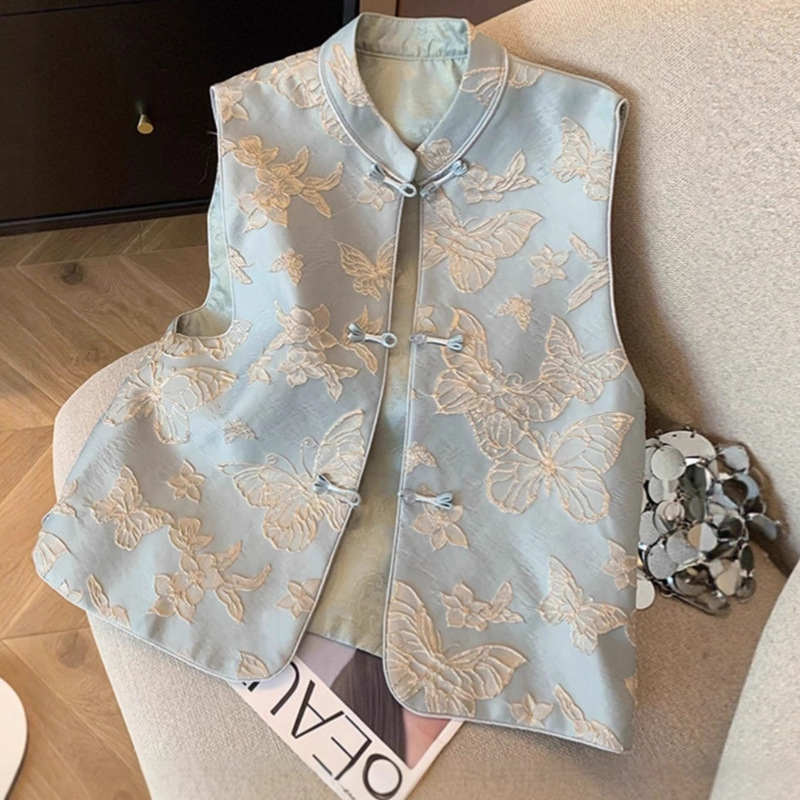 Blue Butterfly Embroidered Vest 2026 New Chinese Style Vest with Button Closure Sleeveless Vest Jacket A3247