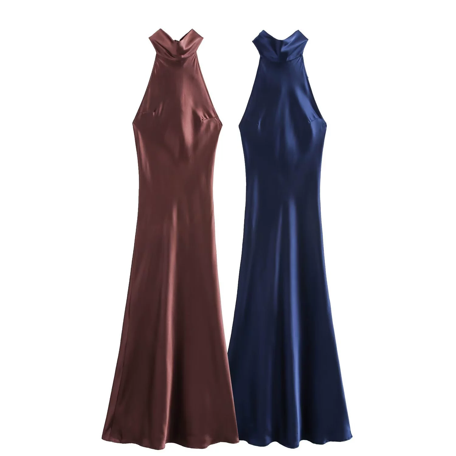 Женская одежда PB&ZA, новинка осени-зимы 2024, длинное платье с воротником-халтером из шелковистой сатиновой ткани, модель 8739331, модное и элегантное.