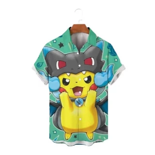 男衬衫pok é mon pikachu 印花夏季卡通街头服饰夏威夷休闲衬衫