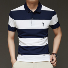 高级感条纹男装短袖polo衫宽松冰丝t恤夏季薄款商务休闲跨境爆款