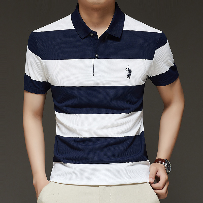 高级感条纹男装短袖polo衫宽松冰丝t恤夏季薄款商务休闲跨境爆款