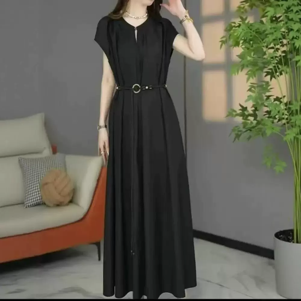 欧货大码宽松显瘦长裙女夏季新款简约遮肚款小众高级感咖色连衣裙