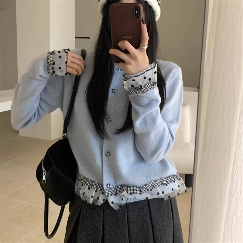 KANING韩系甜美蕾丝拼接针织衫开衫2025秋冬新款气质短款毛衣上衣|undefined