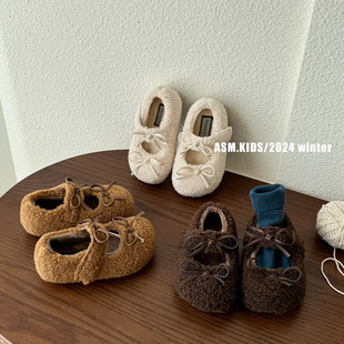 2024 Winter New Children's Korean Style Mao Mao Shoes Girls' Bow Warm Princess Shoes Soft Sole Warm Cotton Shoes