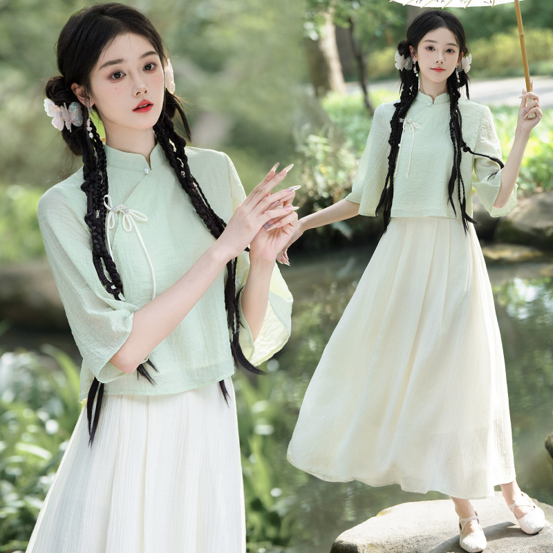 Real Shot New Chinese Style Chinese Style Hanfu Retro Vertical Collar Slant Placket Buckle Middle Sleeve Top Improved Elegant Skirt suit Real Shot New Chinese Style Chinese Style Hanfu Retro Vertical Collar Slant Placket Buckle Middle Sleeve Top Improved Elegant Skirt suit