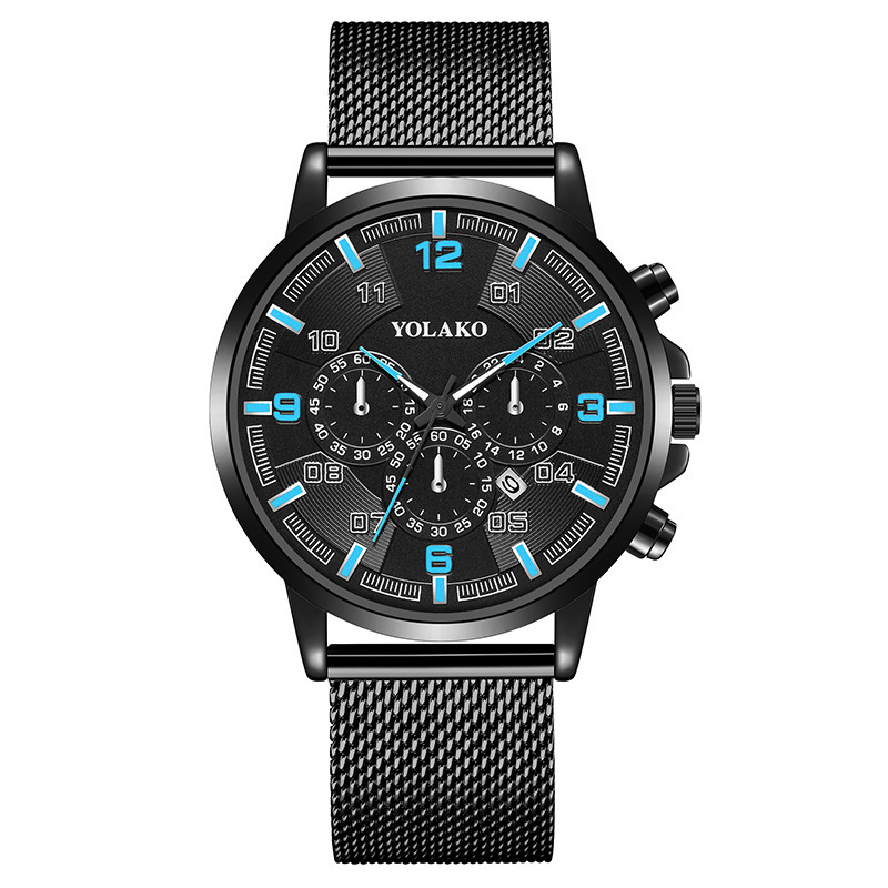 Nouvelle montre numérique tendance pour homme avec calendrier à trois yeux et aiguille bleue, montre pour homme en maille d'acier inoxydable_voghion.com