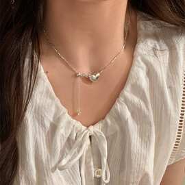 S925纯银爱心抽拉流苏项链女简约小众设计百搭高级感颈链锁骨链潮