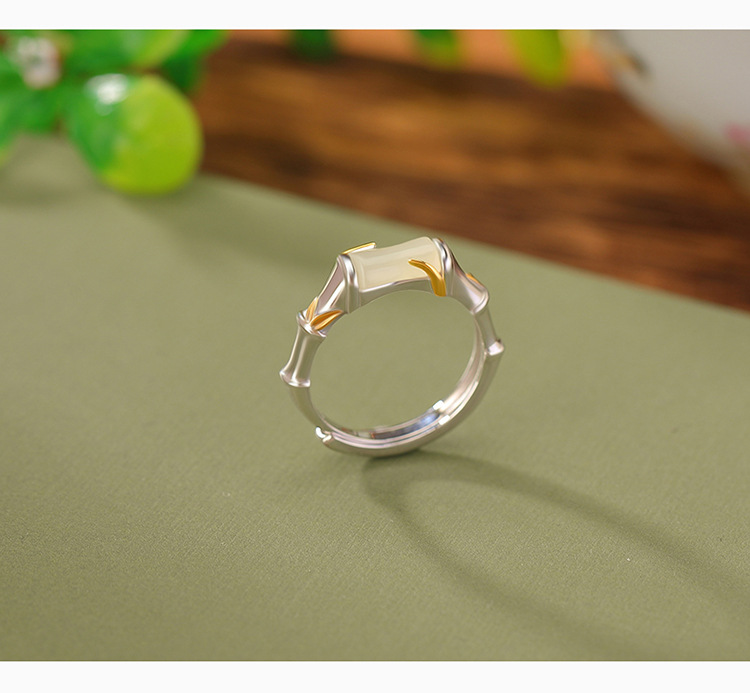 Nhẫn bạc S925 mạ vàng ngọc Hetian cổ điển họa tiết lá tre, khớp mở điều chỉnh — Mở một size chi tiết 4