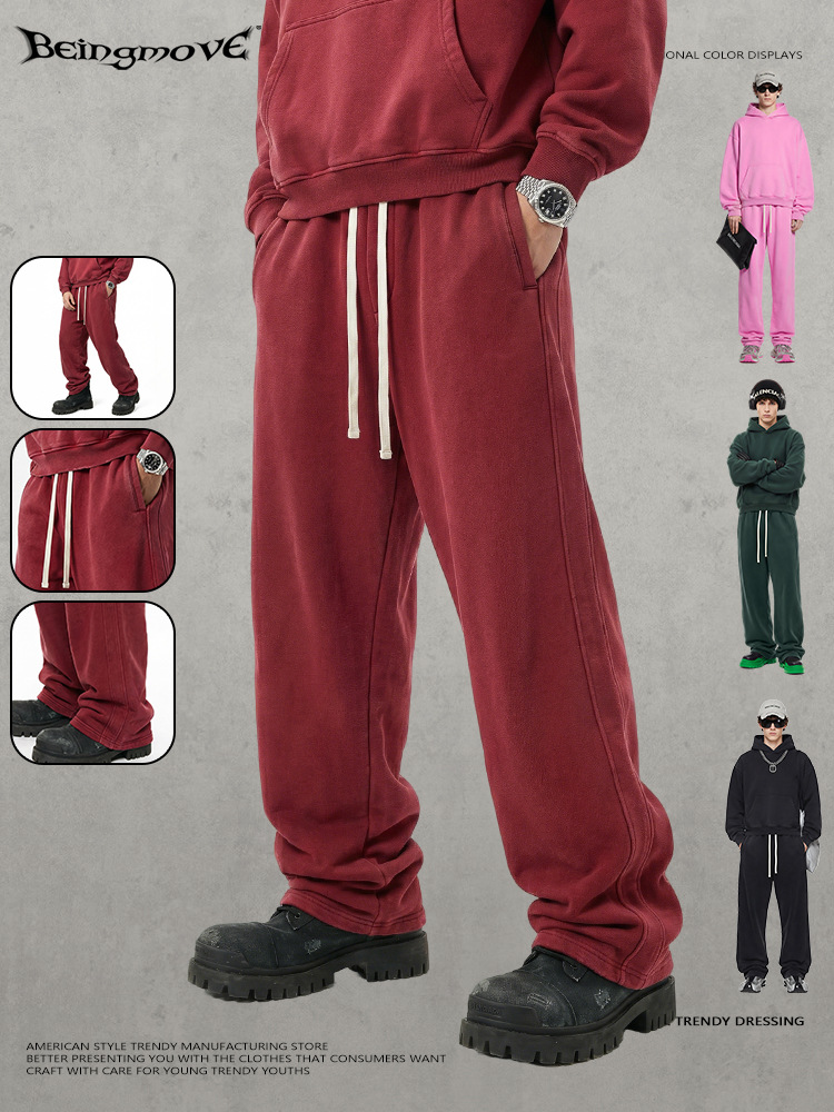 Calle secada| 2025 otoño y invierno retro lavado de agua estadounidense 400G más cuchillo de goma pantalones largos sueltos pantalones rectos para hombres