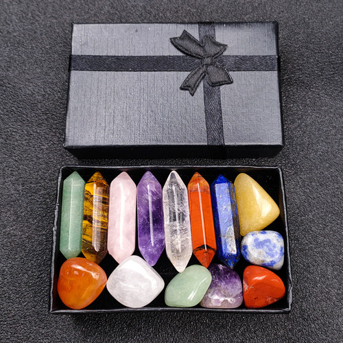 Colorful Stone Hexagonal Pillar Set with Qingjin Emerald, Double Pointed Column, East Ling Tiger Eye Purple Crystal, Pink Crystal Gift Craft