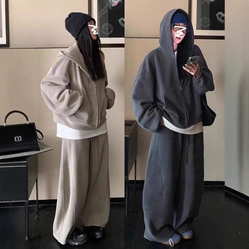 Cross-Border Autumn Plus-Size Fashionable Casual Sports Suit Women's Wide-Leg Pants Slimming Sweatshirt Two-Piece Set Cross-Border Autumn Plus-Size Fashionable Casual Sports Suit Women's Wide-Leg Pants Slimming Sweatshirt Two-Piece Set