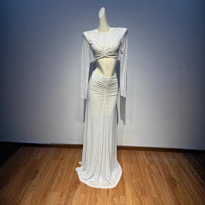 European and American Foreign Trade Heavy-Duty Sexy Party Mesh Rhinestone Long-Sleeve Top + Skirt Two-Piece Set Green White
