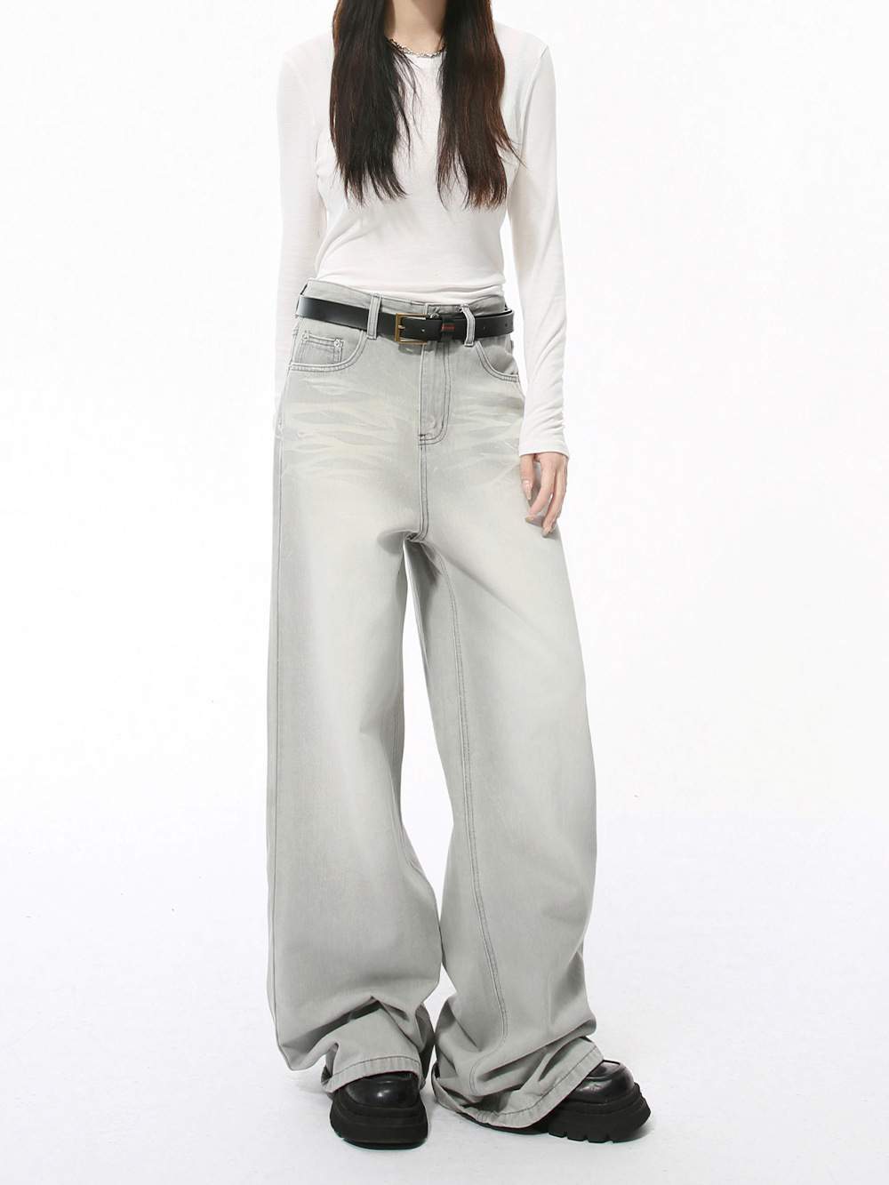 MTLCLOTHES Hombres| Coreano Cleanfi Casual Cat Moustache Blanco Gray Rect Wide Leg Jeans