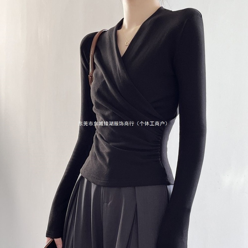 长袖恤女2025春季新款设计感领交叉外穿上衣百搭修身显瘦打底衫|undefined