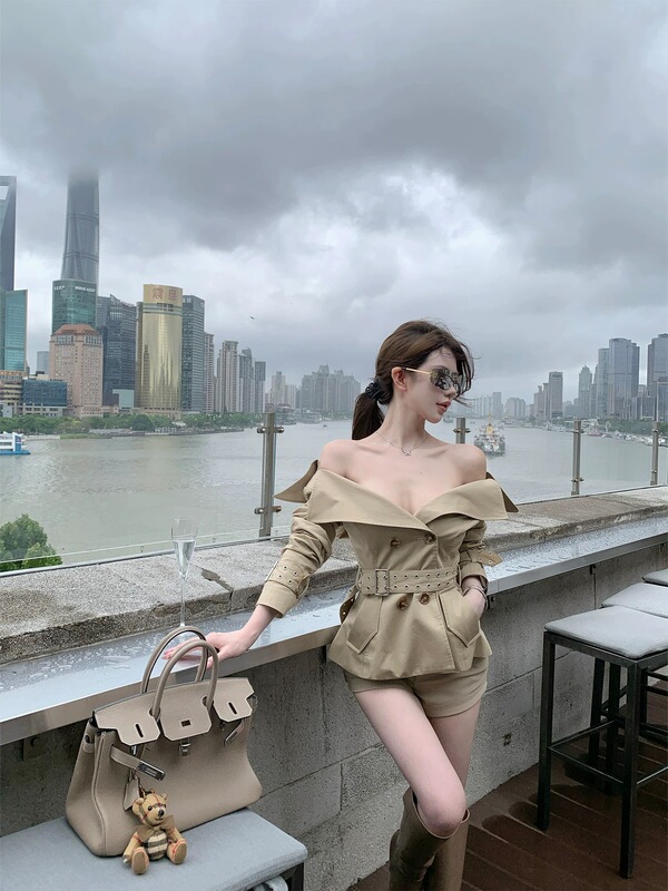 kubiliv经济上行复古大翻领收腰双排扣小个子短款风衣外套女|undefined