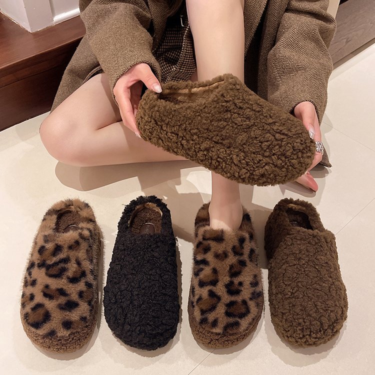 Leopard Print Lamb Wool Thick-Soled Height-Increasing Plush Slippers for Women, New Autumn and Winter Outdoor Closed-Toe Plush Warm Home Cotton Slippers