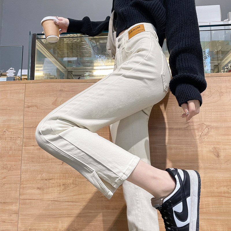 White smoke pants for women in winter plus velvet thickened 2025 new high-waisted nine-part split straight jeans