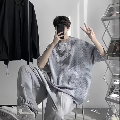 Heavyweight American-style men's T-shirt summer 5/8 sleeve simple niche upper clothing loose casual short-sleeve men's T-shirt trendy brand