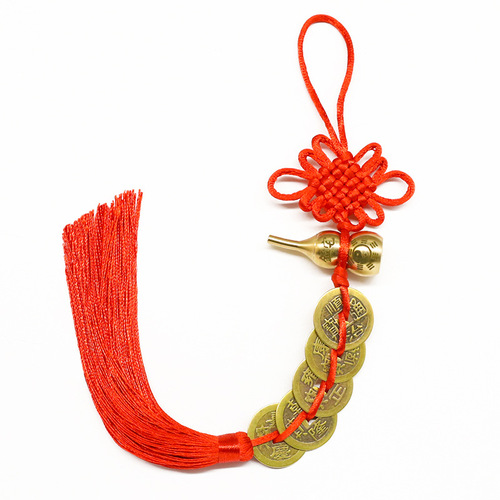 Brass open cover with Fu Lu An Kang copper gourd, auspicious knot, wearing Qinglong and Baihu hollow copper gourd, five emperors coin pendant