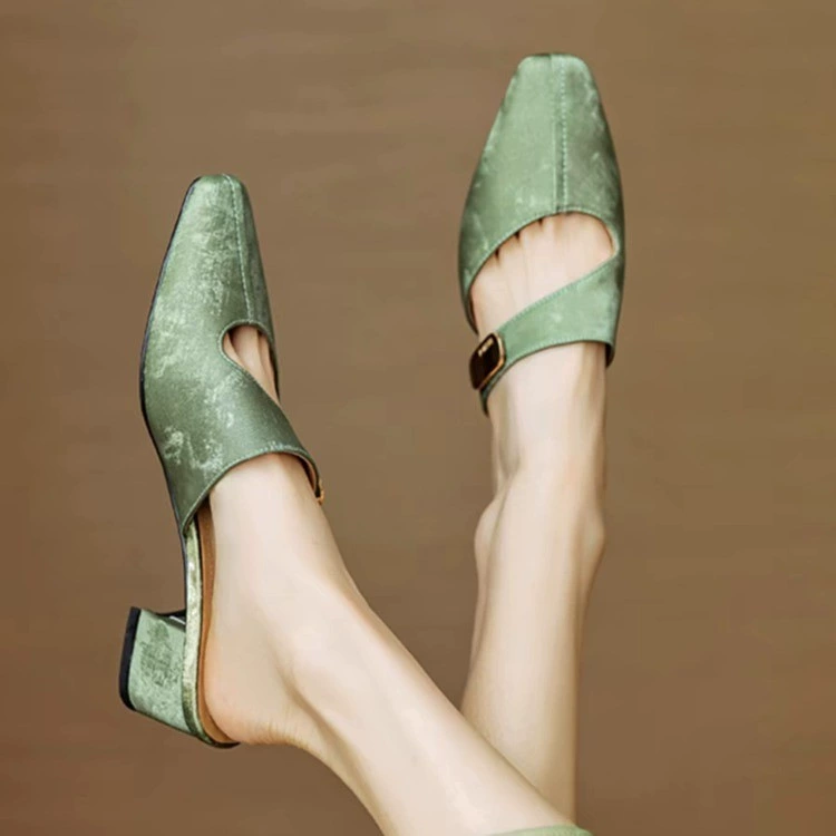 Экспортная модель AliExpress 2025: летние повседневные туфли на высоком каблуке в британском стиле, уличные корейские модные шелковые тапочки с вырезами