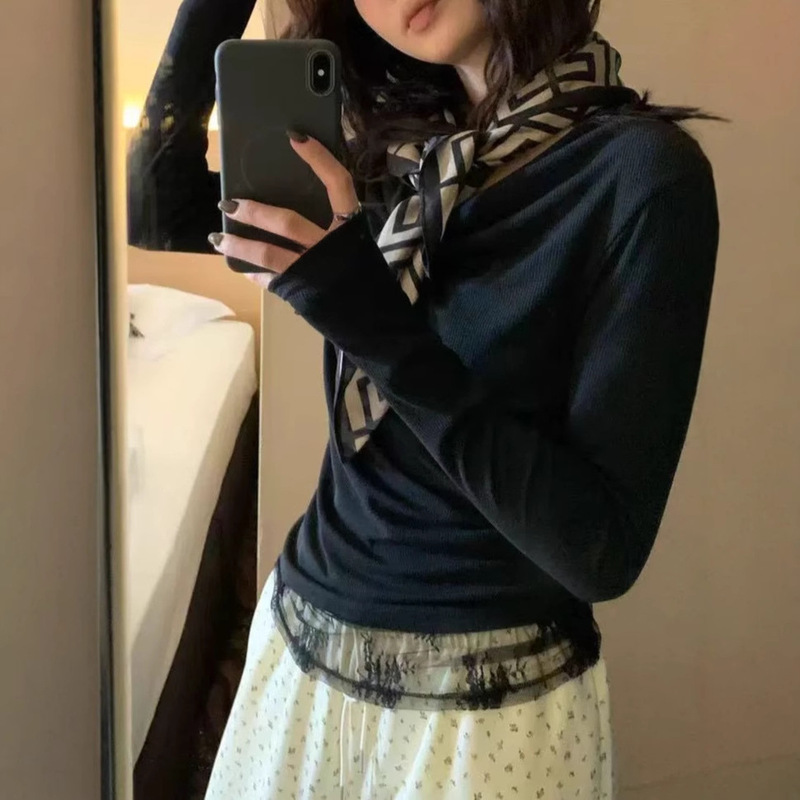 Hers One Scoop Sweet Black Lace Swing Collar Long Sleeve Bottoming Shirt Women's 2025 Autumn Casual Top