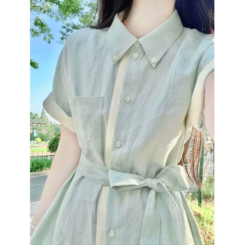 Легко полная и красивая длинная юбка, светло-зеленое платье с воротником-рубашкой и ремешком на талии, женское летнее новое утягивающее платье большого размера