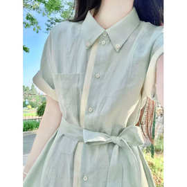 微胖绝美长裙浅绿色衬衫领绑带收腰连衣裙女夏季新款大码显瘦裙子