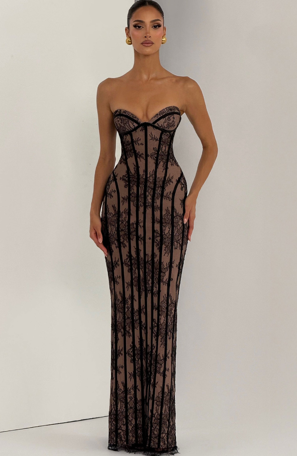 Elegant Lace Long Bodycon Dress For Evening Parties - Stunning High-Waisted Corset Design With Sheer Mesh & Floral Embroidery​_ecoleips.com
