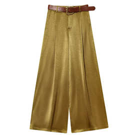 跨境亚马逊2025新款金色丝缎质感阔腿裤欧美女装腰带长裤速卖通