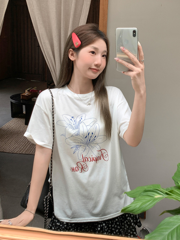 フラワーグレーラウンドネックプリントデザイン半袖Tシャツ女性用2025夏新作ゆったりレイジースタイル薄手トップ|undefined