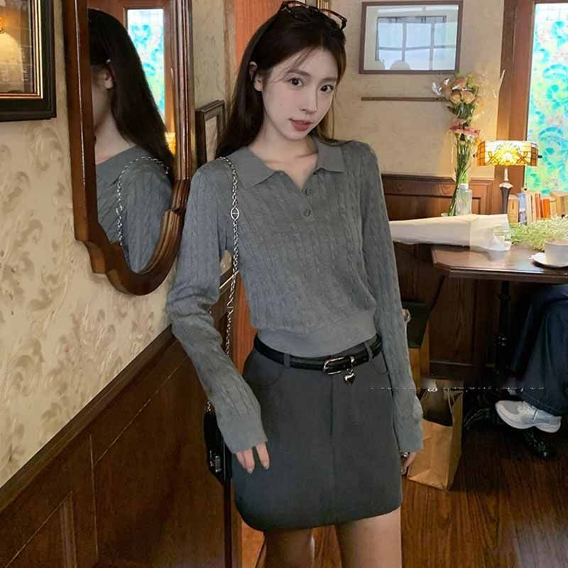 Retro Twist Lapel Knitwear Women's Long-Sleeved Outer Wear Short Polo Collar Versatile Knitwear Top Early Autum