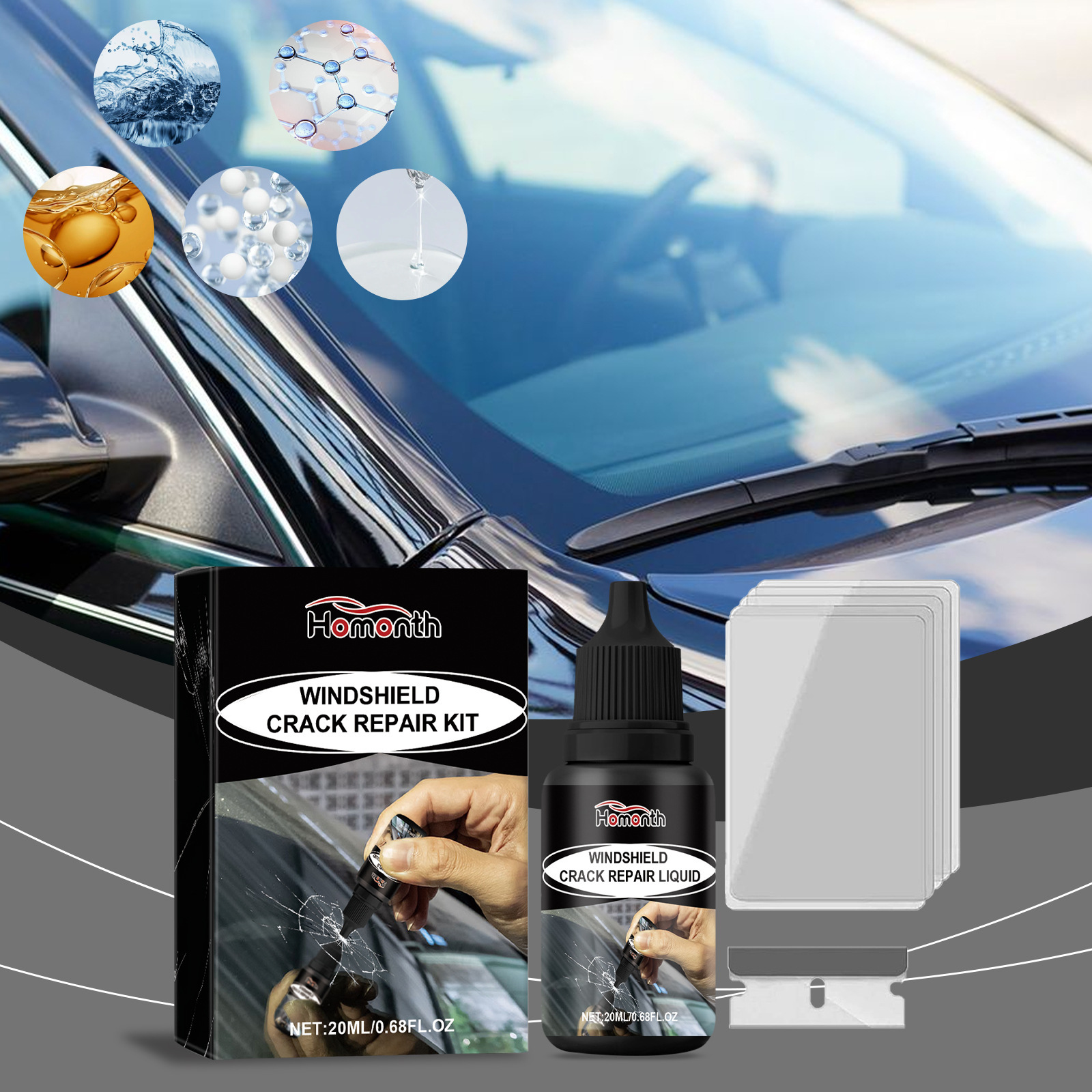 Hot-Selling Homonth Car Windshield Care Solution, Car Glass Cleaning and Crack Care Agent for Clear Vision