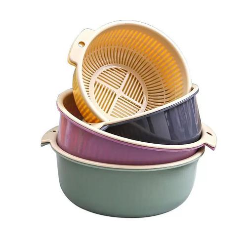 Multifunctional double-layer thickened drain basket portable kitchen plastic hollow drain basket for washing rice and vegetables