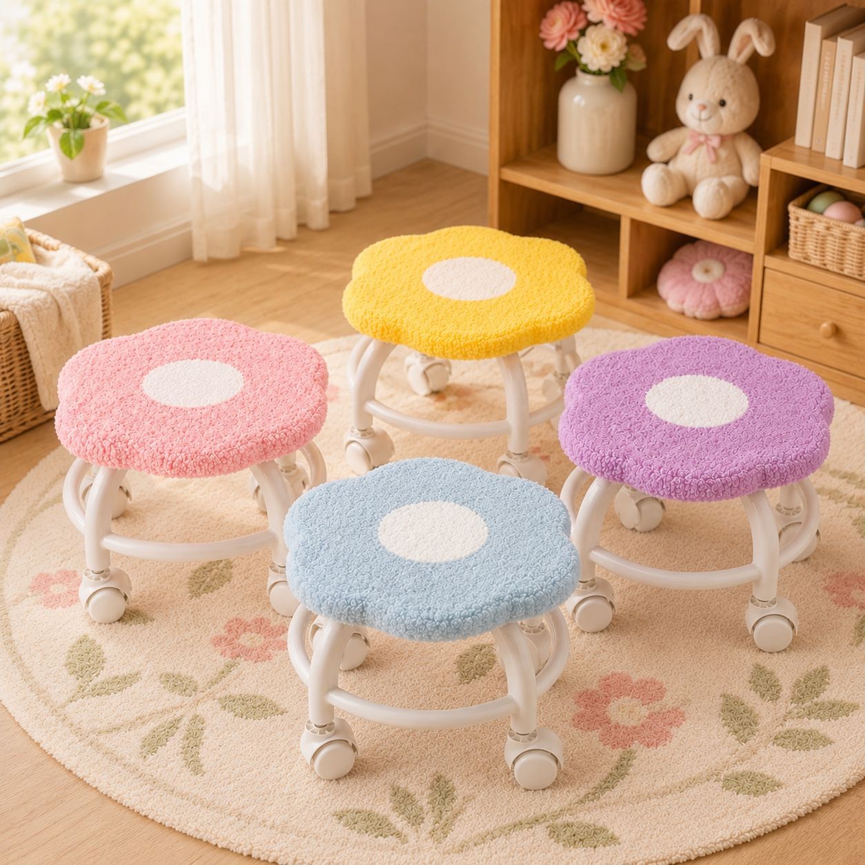 Flower-Shaped Swivel Stool for Living Room, Movable Shoe-Changing Stool, Stylish Low Stool for Home Use, Children's Stool